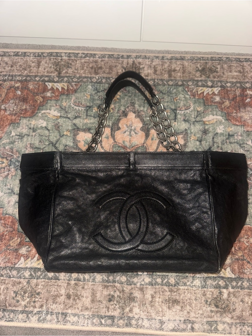 CHANEL Black Caviar Leather Shoulder Tote with Chain-Strap Handles